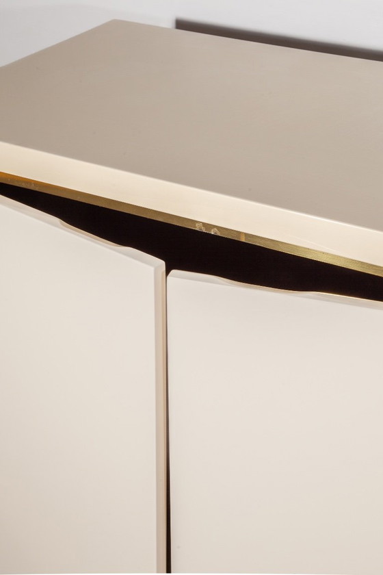 Image 1 of White Lacquer and Brass Sideboard by Jean Claude Mahey, 1980s