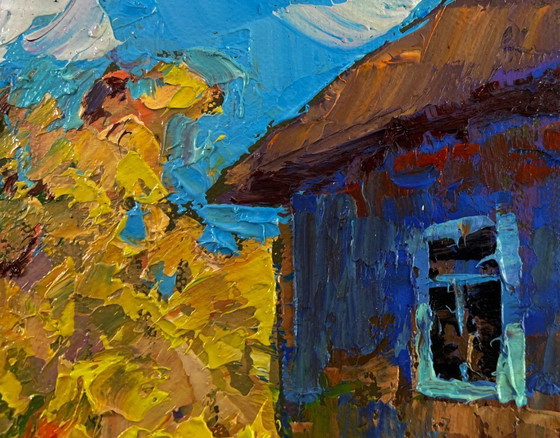 Image 1 of Original Oil Painting Summer Village Landscape The sun in the field
