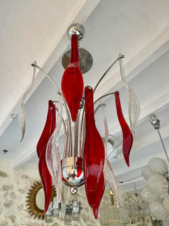Image 1 of Kronleuchter Muranoglas zweifarbig Chrom , Italien 1990