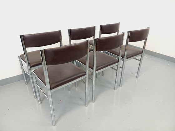 Image 1 of Set di 6 sedie vintage anni '70 in metallo cromato e similpelle marrone