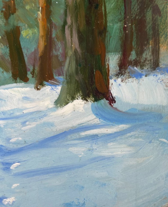 Image 1 of Peinture à l'huile originale Paysage d'arbres enneigés Silence hivernal de la forêt
