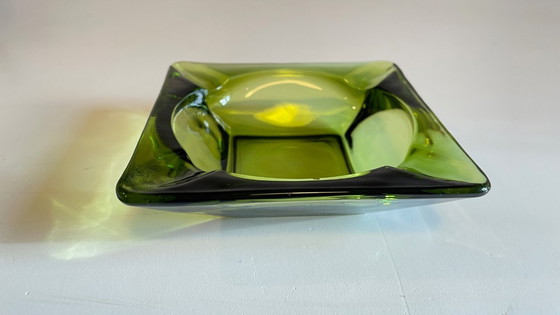 Image 1 of Geometric Glass Ashtray Vintage Green