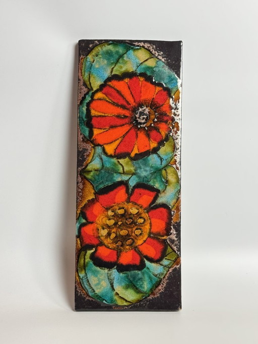       	 Mid-Century Design Ruscha High-Gloss Enamel Floral Wall Tile with Gold Accents. West Germany, 1960s