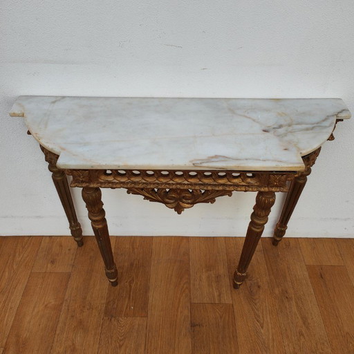 Vintage wall console, side table, console table with marble top. Italian
