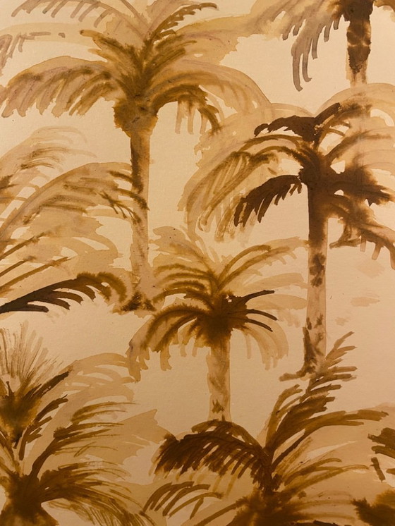 Image 1 of Dipinto ad acquerello firmato raffigurante un paesaggio di un'oasi orientale al calar della notte.