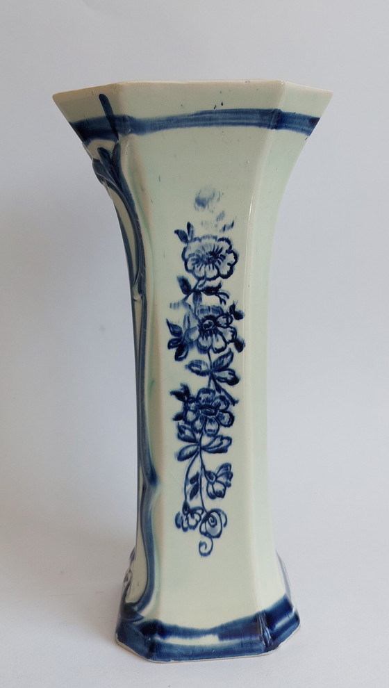 Image 1 of Delft hand painted blue and white pottery octagonal shaped vase 