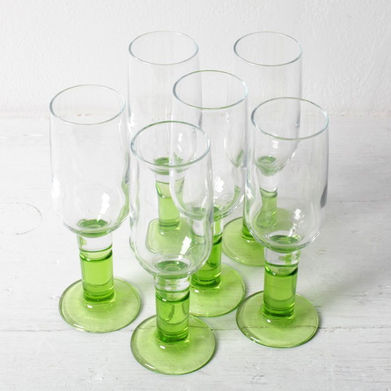 Image 1 of Set of 6 Vintage Limoncino Sherry Glasses / Green Sorbetto Stemware / Bormioli Rocco / Italy / 1970s