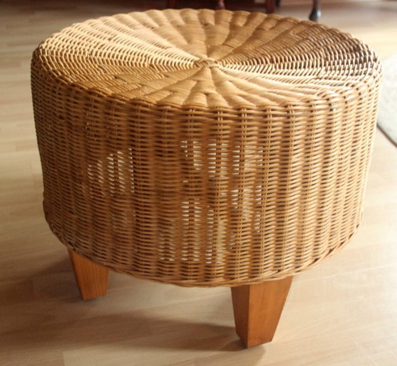 Image 1 of Round side table - rattan, bamboo, wood - vintage