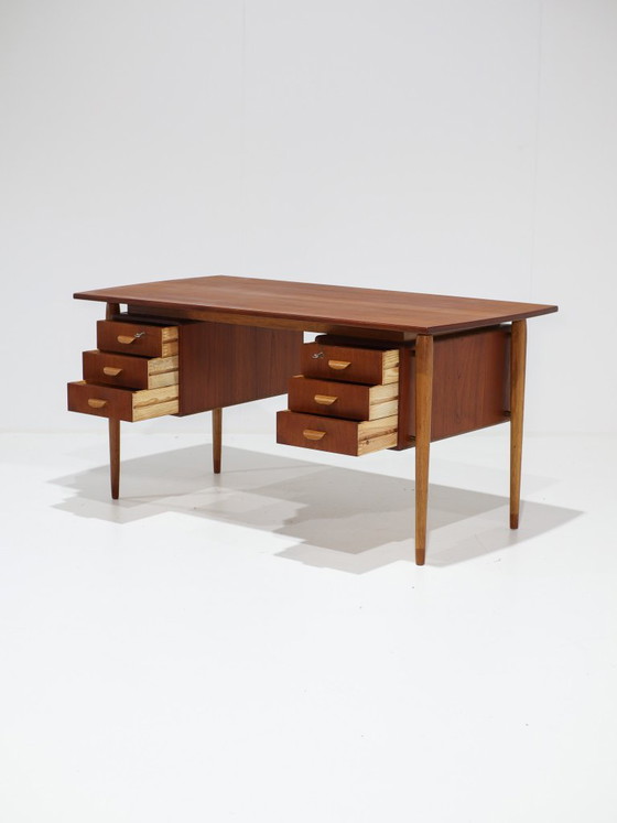 Freestanding teak double-sided Danish 1960s vintage Desk, Wood, Brown, Mid Century Modern (photo 7 of 15)