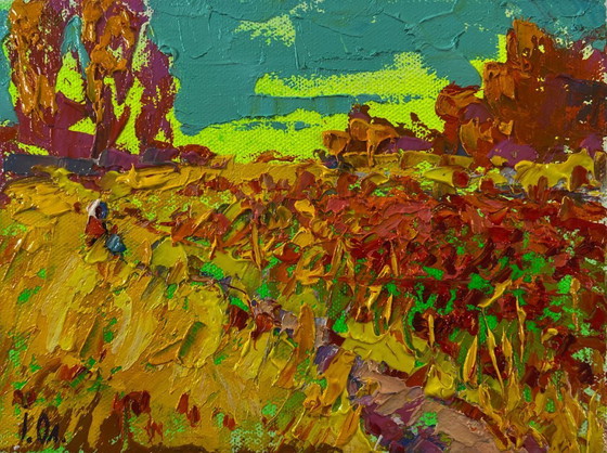 Image 1 of Original Oil Painting Fall Nature Landscape Autumn Flower Fields