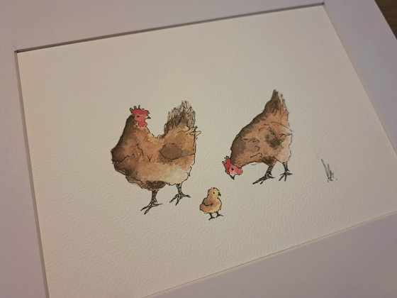 Image 1 of Watercolor painting chickens with chicks original | With frame
