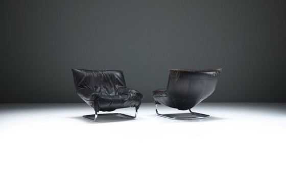 Image 1 of  Very rare black leather cantilever Easy Chairs by Gerard van den Berg - Montis