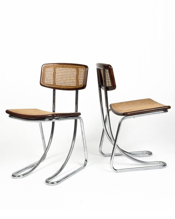 Image 1 of Set van 4 vintage cantileverstoelen in chroom, hout en Weens riet, jaren 70.