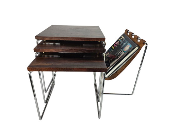 Image 1 of Dutch Design - Brabantia Holland - Mime Set - Reading Rack - Vintage Side Table With Cognac Saddle Leather Reading Rack - 60's