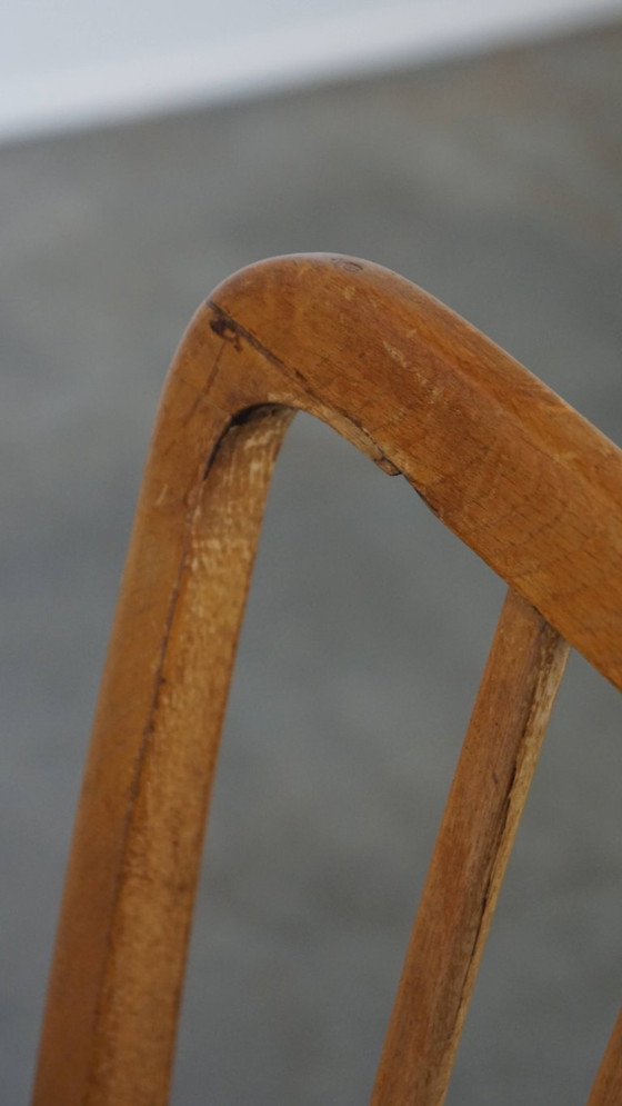 4 chaises de salle à manger vintage des années 70, avec assise en tissu et structure en bois. – Wood (photo 8 of 13)