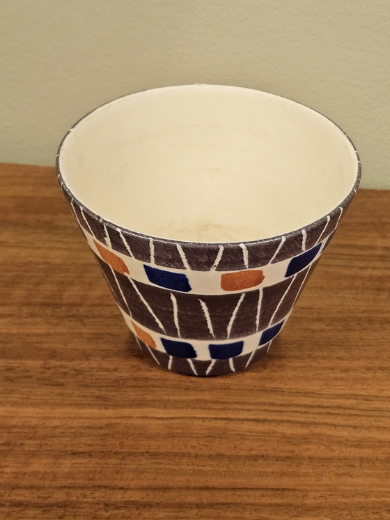 Image 1 of Pot de fleurs vintage à motif géométrique bleu orange