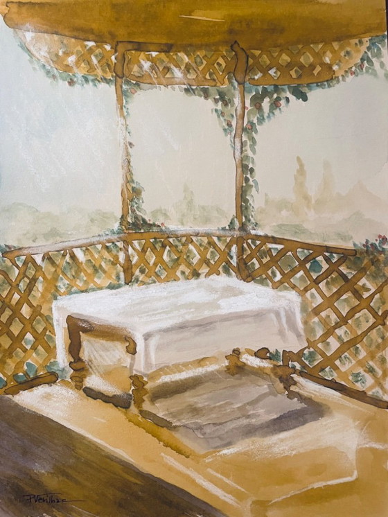 Image 1 of Watercolor painting signed "Provençal table under the arbor"