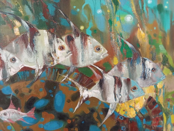 Origineel Olieverfschilderij Abstracte Onderwaterwereld Grote Vis – Schilderijen & Tekeningen, Canvas (photo 7 of 8)