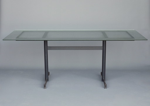 Mid-Century Dutch Industrial Table In Glass And Steel