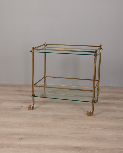 Vintage 1960S Food Trolley In Golden Brass And Glass Italian Design 