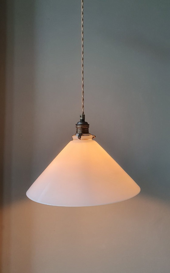 Image 1 of Set (2) Vintage pendant lamps in opaline / milk glass - banker's lamp or shoemaker's lamp