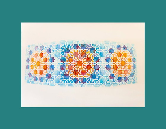 Image 1 of Original watercolor of a Moorish tile. Arabic tile painting. Geometric painting. Watercolor with a geometric motif.