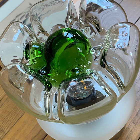 Image 1 of Lampada da soffitto vintage in vetro di Murano di Mazzega, fiore verde e acciaio inossidabile