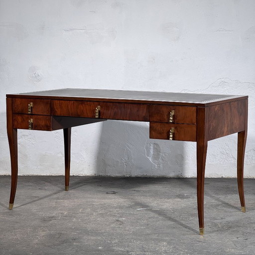 Scrivania in radica di noce con piano in pelle di FEKA, anni '70 – eettafels, Brass