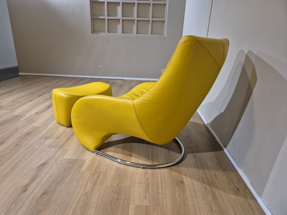 Image 1 of Leolux Darius Fauteuil + Hocker - Geel - Leder - Nieuwstaat
