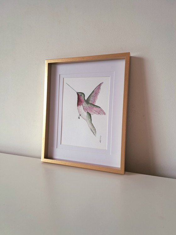 Image 1 of Acquerello originale raffigurante un colibrì con cornice