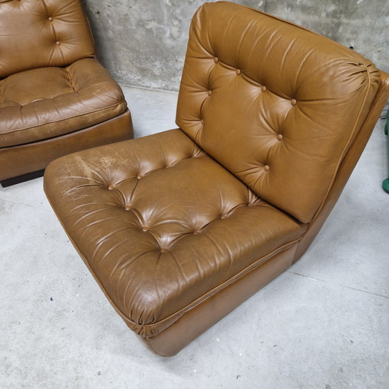 Image 1 of Elementen bank 2 fauteuils jaren 60 leren tweezitsbank 