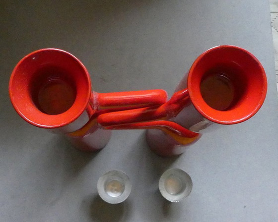 Image 1 of double candle holder, stainless steel, red lacquered, menu, denmark, design mikaela dörfel