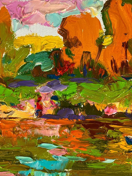 Image 1 of Pintura al óleo original: Paisaje natural, bosque, orilla del río Sunny