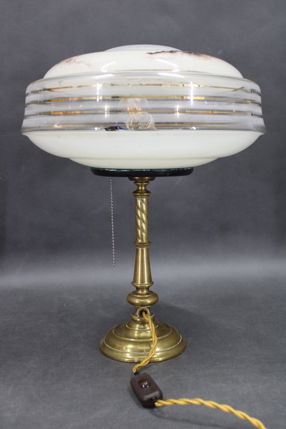 Image 1 of 1940s Restored Brass Table Lamp with Glass Shade