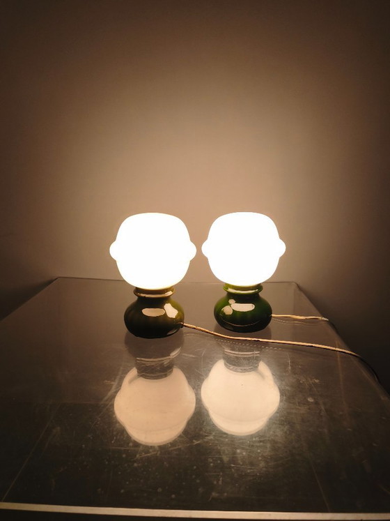 Image 1 of Pair Czech 1970s Milk Glass and Green Ceramic Table Lamps