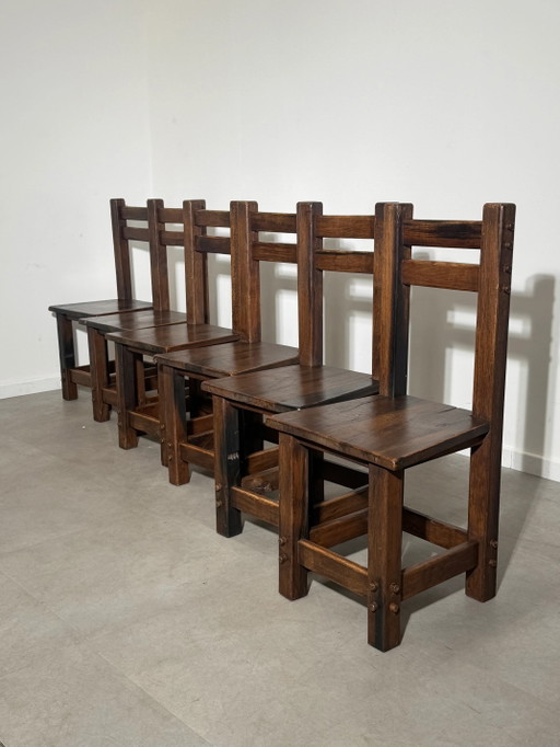 Set van zes brutalistische massief houten eetkamerstoelen
