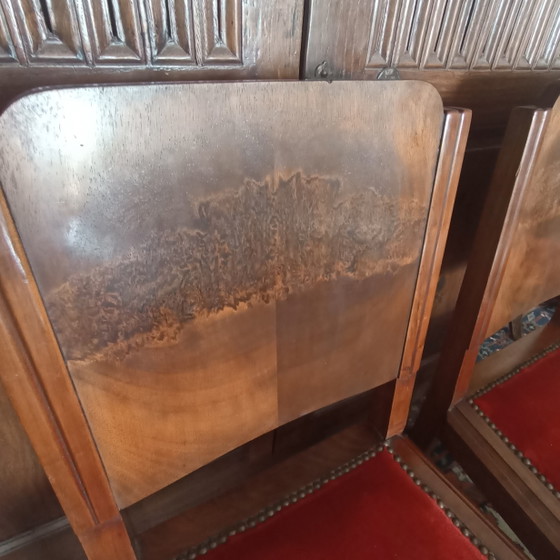 Unique Set of 4 Curated Art Deco Chairs – Top Quality Bookmatch Burr Walnut – Dining chairs, Velvet, Metal (photo 3 of 9)