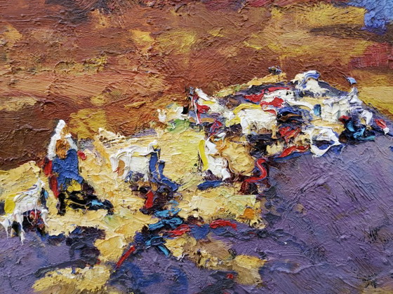 Original Oil Painting Countryside Hills Pasture Evening Landscape, Paintings & Drawings, Canvas, Orange (photo 9 of 11)