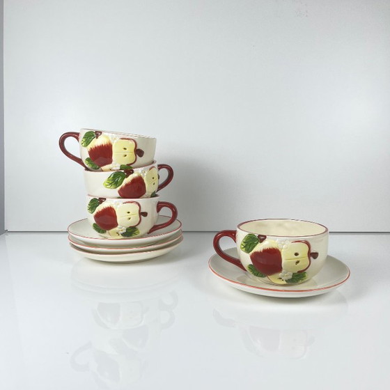 Image 1 of Set of 4 cups with saucers, "Apple" style earthenware