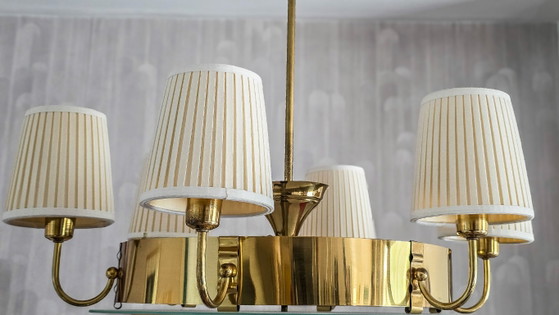 Lustre vintage en laiton, style milieu du siècle, années 1950 – Glass, Textile (photo 3 of 7)