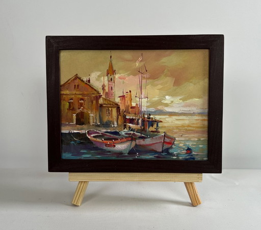 Original Oil Painting Coastal City Landscape The sun is sinking into the sea