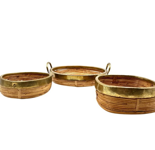 Mid-Century Set aus 3 Messing- und Korbschalen, Italien ca. 1970