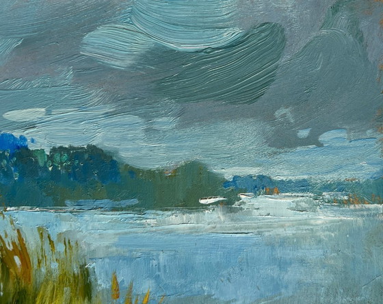 Image 1 of Original Oil Painting Summer River Landscape A boat among the reeds