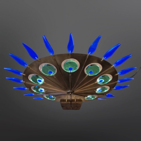 Image 1 of Artful light object brass and oak, Netherlands 1970s