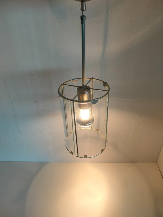 Set of 2 cylindrical Metal/glass Pendant Lights (with glass 'windows')., Ceiling lights, White (photo 6 of 10)