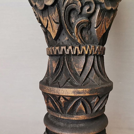Image 1 of Large Portuguese Carved Wood Half Shade Buffet Table Lamp