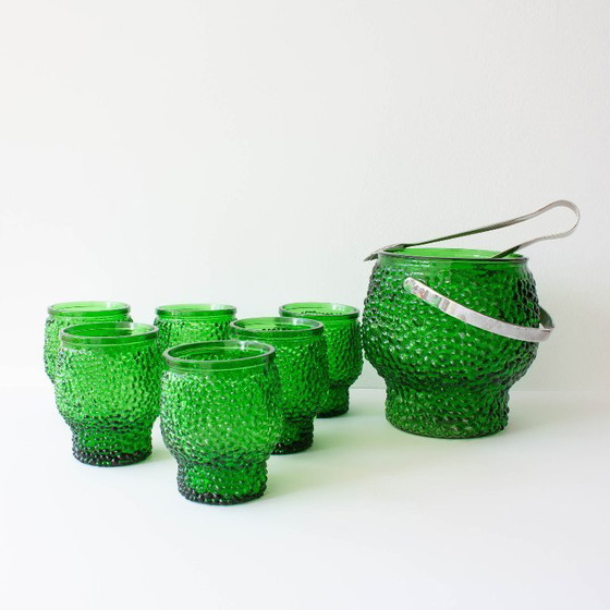 Image 1 of Vintage Green Set of 6 Cocktail bubble glasses, ice bucket and ice clamps, 1970's