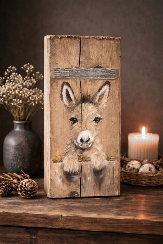 Image 1 of Unique Hand-Painted Cat, Donkey, or Woodpecker on Scaffold Wood (50x20 cm)
