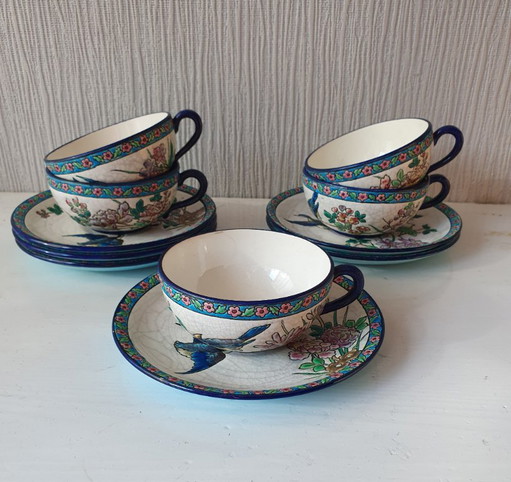 Set 5 Antieke Longwy Kop & Schotels–ca 1930–Perfecte Staat! – decoratieve objecten, Ceramic (photo 2 of 17)