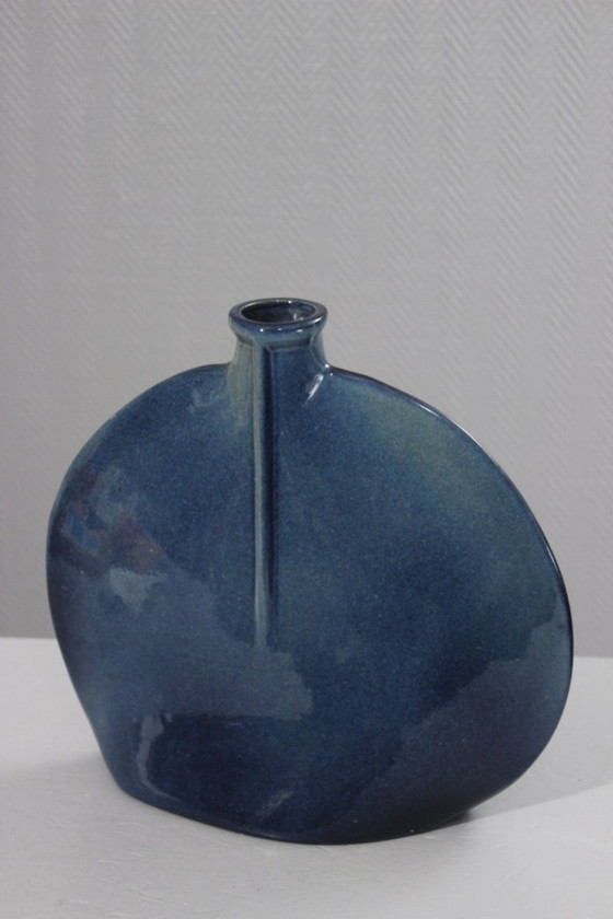 Image 1 of Impressive vintage stoneware lentil vase, modernist design, cobalt blue glaze, 1980s